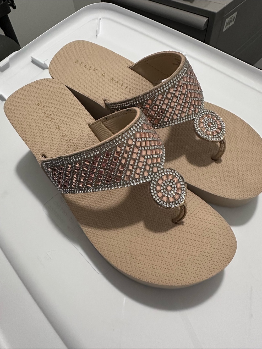 Kelly & Katie Rhinestone Embellished Beige Thong Sandals
